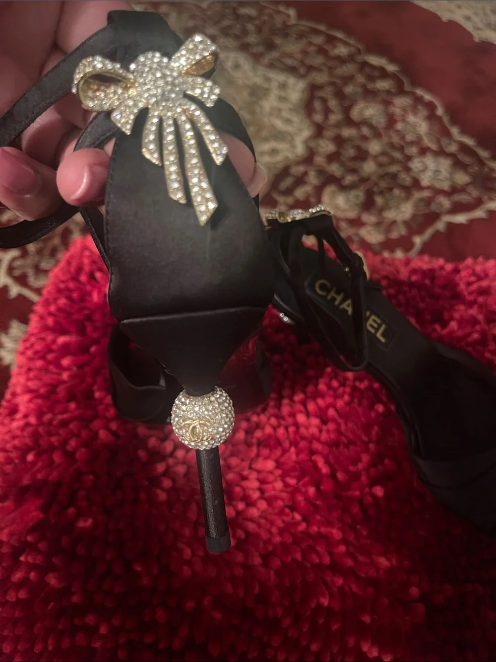 CHANEL Black Satin Peep-Toe Slingback Heels with Rhinestone Accent